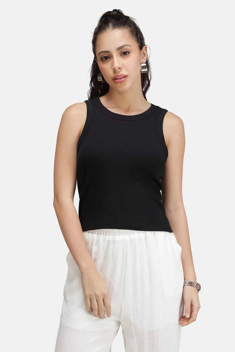 فيرجيو Solid Cotton Black Ribbed Tank Top for Women