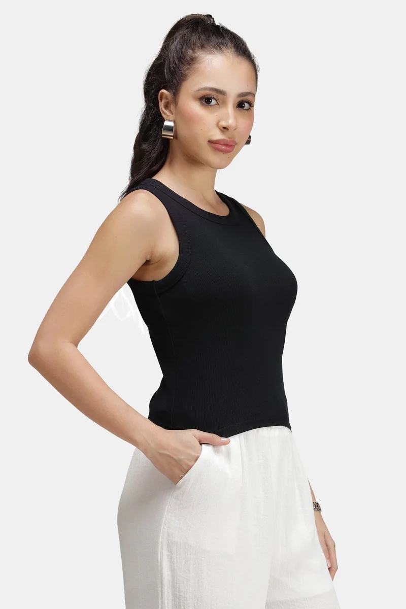 فيرجيو Solid Cotton Black Ribbed Tank Top for Women