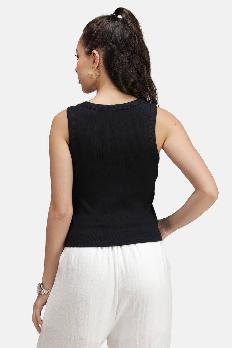 Virgio Black Solid Cotton Black Ribbed Tank Top for Women for Women | Best Price UAE