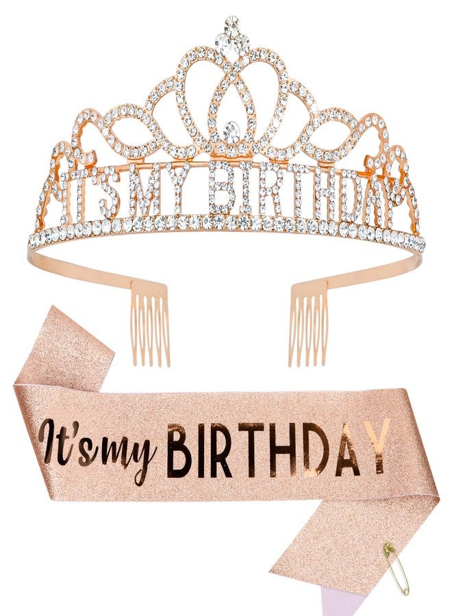 CAVETEE Birthday Crowns for Women - Its My Birthday Sash and Crown Set for Adult Women - Rose Gold - Image 1