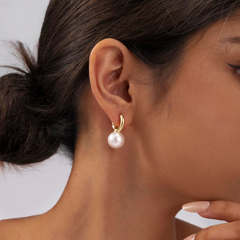 MOODEAR Dainty Freshwater Pearl Earrings - Trendy 14k Gold Plated Bridal Small Hoop Dangle Drop Earring for Women Wedding Jewelry - Image 3