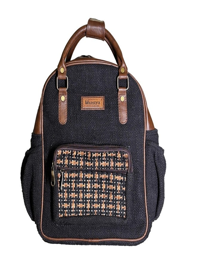 BHASTRA Black Mini Backpack With Cushioned Pocket & Embroidered Design - Handloom Fabric & Comfortable Straps | Vegan Leather | Stylish Design, Perfect for Work, Travel | Ideal For Gifting - Image 1