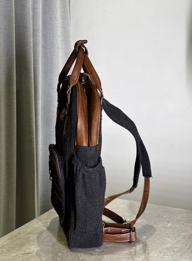 BHASTRA Black Mini Backpack With Cushioned Pocket & Embroidered Design - Handloom Fabric & Comfortable Straps | Vegan Leather | Stylish Design, Perfect for Work, Travel | Ideal For Gifting - Image 3