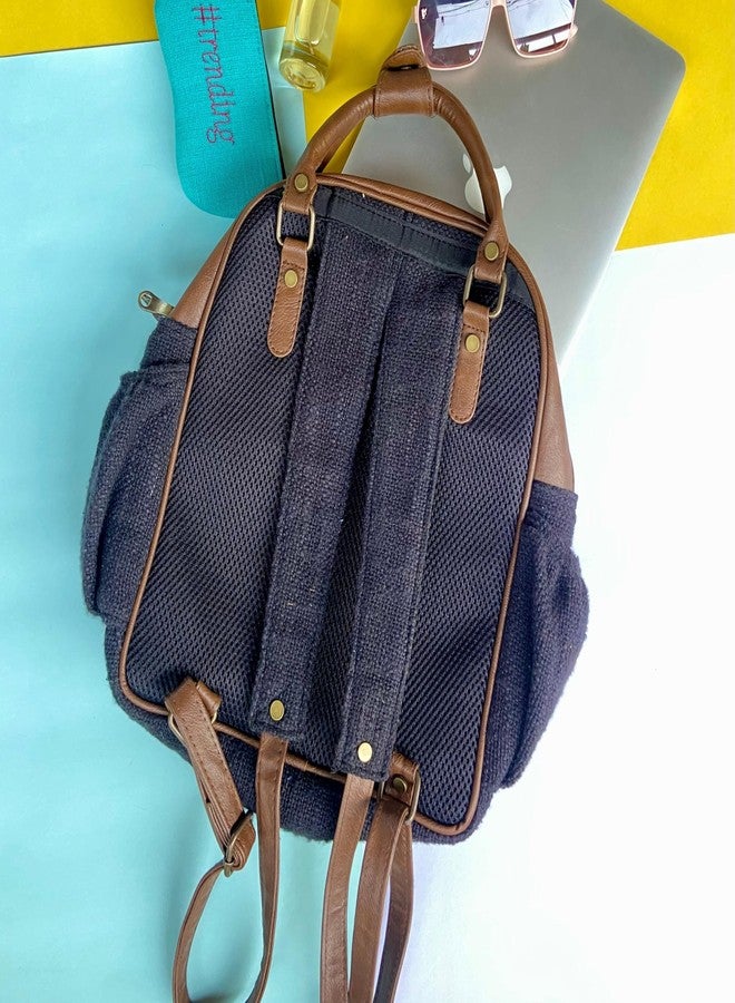 BHASTRA Black Mini Backpack With Cushioned Pocket & Embroidered Design - Handloom Fabric & Comfortable Straps | Vegan Leather | Stylish Design, Perfect for Work, Travel | Ideal For Gifting - Image 2