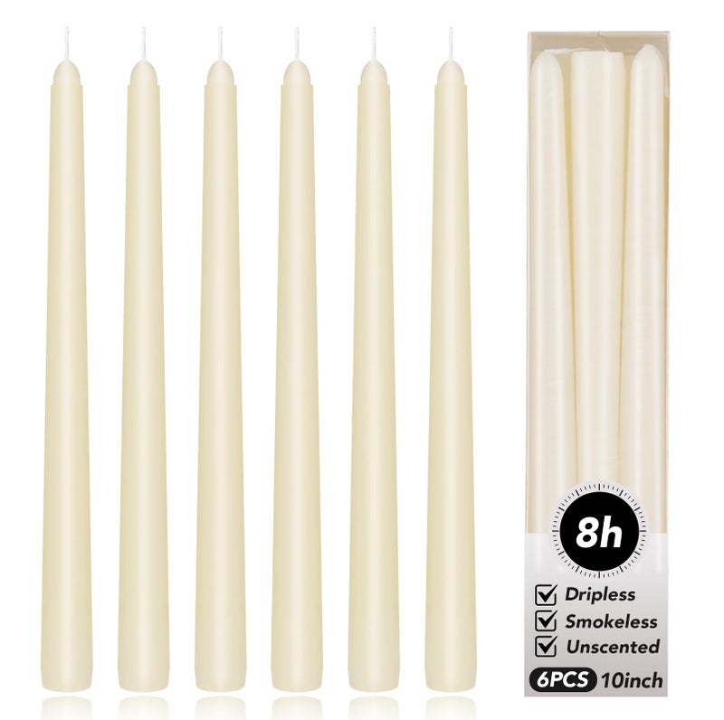 KORCCI Ivory Taper Candles 10 Inch - Set of 6 Long Candles, 8 Hours Long Burning, Smokeless & Unscented & Dripless, for Weddings, Birthdays, Dinner Parties, Rituals, Prayer, Birthdays, Meditation - Image 1