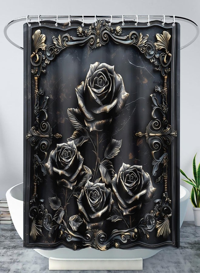 AILONEN 3D Black Rose Shower Curtain Set,Gothic Flower Bathroom Decor for Kids Teens Girls Women,Vintage Floral Waterproof Shower Curtain with Hooks,48" Wx72 H - Image 1