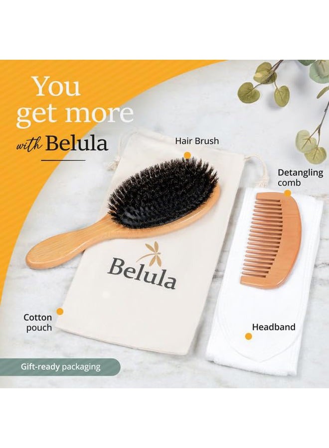 Belula 100% Boar Bristle Hair Brush Set (Medium). Soft Natural Bristles for Thin and Fine Hair. Restore Shine And Texture. Wooden Comb, Travel Bag and Spa Headband Included! - Image 5