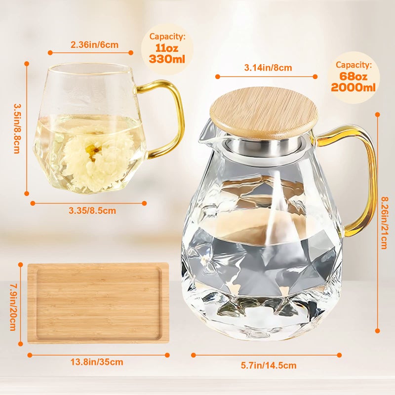 DUJUST Glass Pitcher Set (68 oz) with 4 Cups & 1 Tray, Elegant Diamond Design Water Pitcher with Handle, High Durability Glass Jug for Fridge, Glass Carafe for Iced Tea/Juice/Beverage/Coffee/Drinks - Image 5