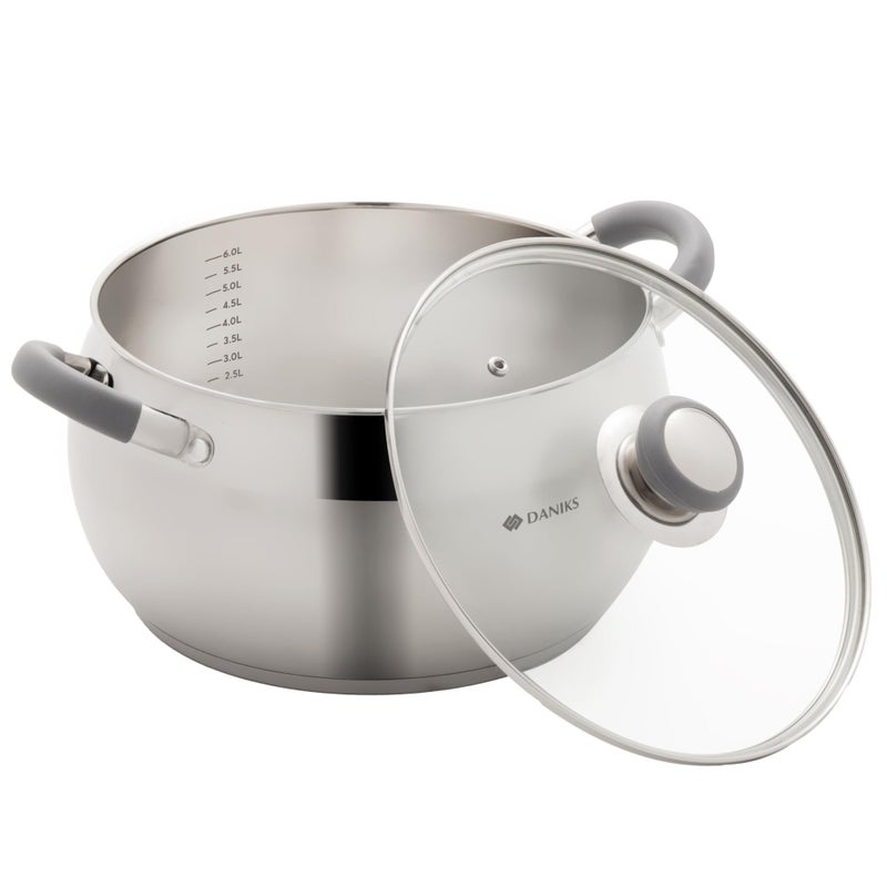 Daniks Modern Stainless Steel Stock Pot with Glass Lid  Induction 7 Quart Dishwasher Safe Heatproof Handles For Soup Pasta Stew Silver