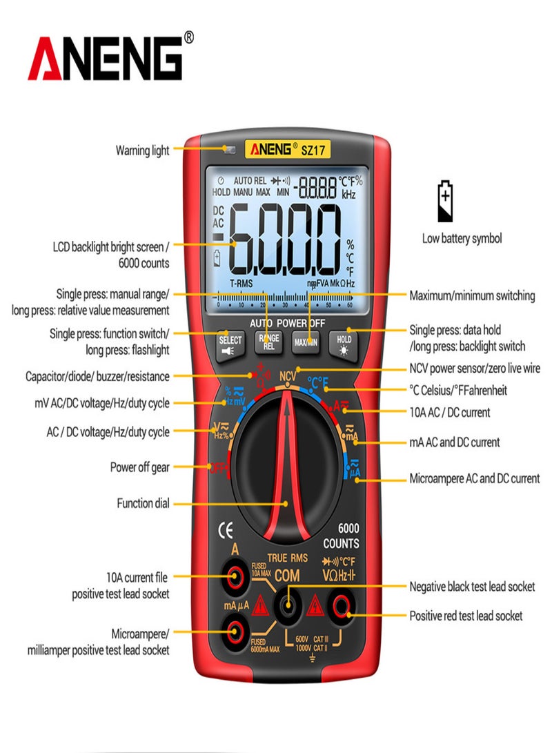 أنينج طقم مقياس رقمى ذكي ANENG SZ17 مع 16 في 1 مجموعة قياس، 6000 عد، RMS حقيقي، نطاق تلقائي، شاشة LCD مضيئة، جهاز اختبار كهربائي، فولتيميتر، أميتر، قياس درجة الحرارة، متعدد الوظائف AC/DC - Image 3