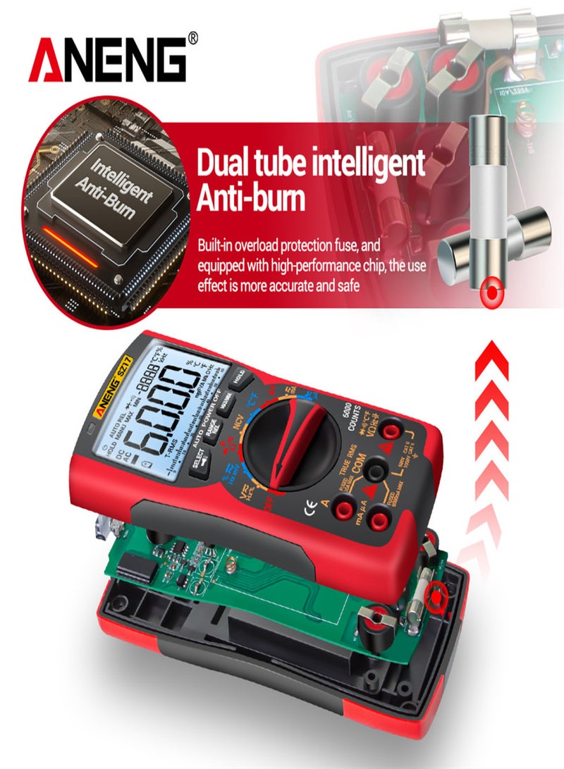 أنينج طقم مقياس رقمى ذكي ANENG SZ17 مع 16 في 1 مجموعة قياس، 6000 عد، RMS حقيقي، نطاق تلقائي، شاشة LCD مضيئة، جهاز اختبار كهربائي، فولتيميتر، أميتر، قياس درجة الحرارة، متعدد الوظائف AC/DC - Image 4