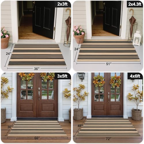 OJIA Christmas Outdoor Rug 3'x5', Black and Tan Area Rug Machine Washable Rugs Cotton Hand Woven Entry Rug Indoor Outdoor Striped Carpet for Front Porch/Deck/Backyard/Camping/Outdoor Decor - Image 3
