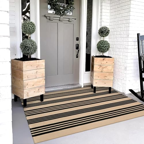 OJIA Christmas Outdoor Rug 3'x5', Black and Tan Area Rug Machine Washable Rugs Cotton Hand Woven Entry Rug Indoor Outdoor Striped Carpet for Front Porch/Deck/Backyard/Camping/Outdoor Decor - Image 1