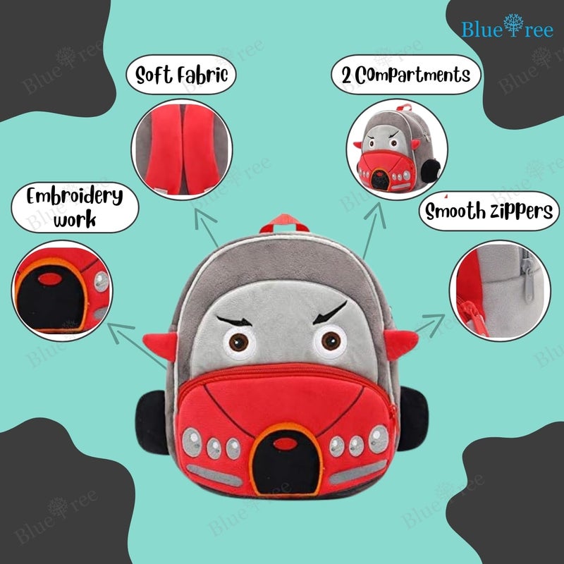 Blue Tree Cute Boy's and Girl's Plush Kids Bag Full Embroidery Designs Mini Travel Backpack (Tiny Red Car) - Image 2