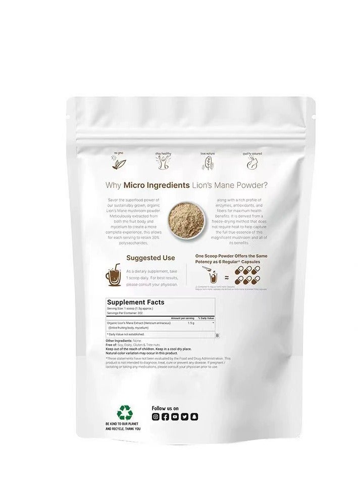 Organic Lions Mane Mushroom Supplement Powder, 1 lb | Natural Superfood for Brain, Energy, u0026 Immune Health | Non-GMO, Vegan - Image 2