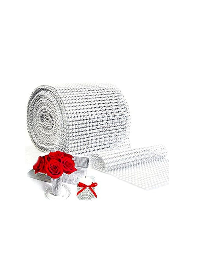 Super Z Outlet Silver Diamond Sparkling Rhinestone Mesh Ribbon for Event Decorations, Wedding Cake, Birthdays, Baby Shower, Arts & Crafts, 4.75" x 10 Yards, 24 Row, 1 Roll  - Image 1