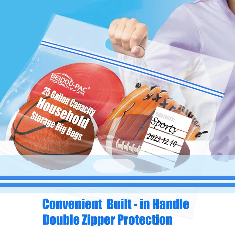 BEIDOU-PAC 25 Gallon Jumbo Storage Bags with Handle, 15 Count | Double Zipper Seal | Expandable Bottom, Resealable Clear zip Bags for Home, Travel, Moving, Commercial and Outdoor - Image 3