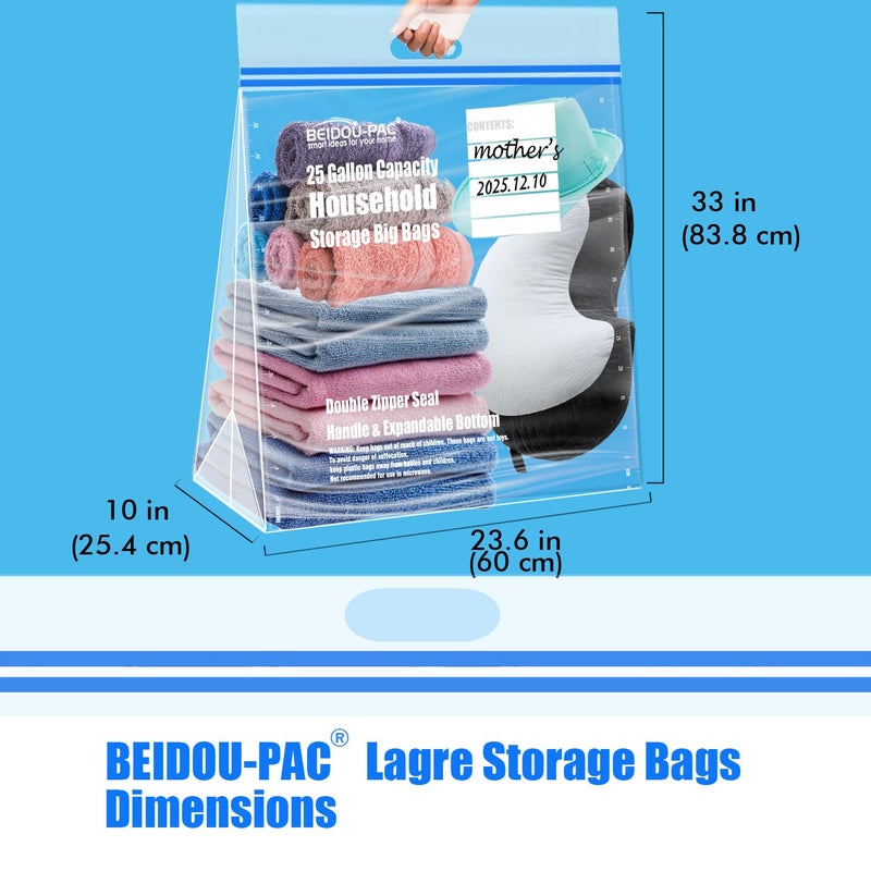 BEIDOU-PAC 25 Gallon Jumbo Storage Bags with Handle, 15 Count | Double Zipper Seal | Expandable Bottom, Resealable Clear zip Bags for Home, Travel, Moving, Commercial and Outdoor - Image 2