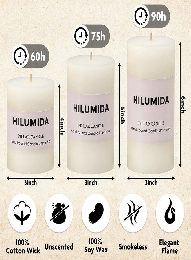 HILUMIDA White Pillar Candles Set of 3 - Hand-Poured Unscented Candles, Smokeless Decorative Candles for Home, Set of 3 in Different Sizes (4", 5", 6") - Image 4