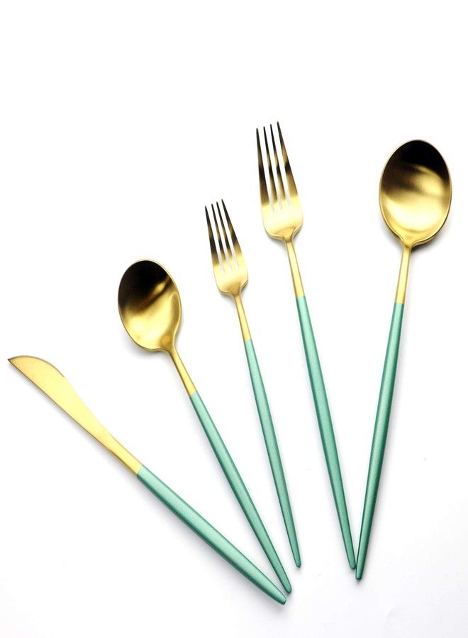 Gugrida Green Gold Flatware, Royal 5 Pieces Matte White Handle 18/10 Stainless Steel Tableware Sets for 1 Including Forks Spoons Knives, Camping Silverware Travel Utensils Set Cutlery (Green Gold) - Image 1