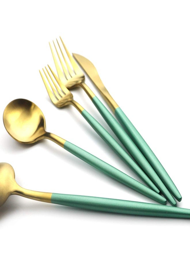 Gugrida Green Gold Flatware, Royal 5 Pieces Matte White Handle 18/10 Stainless Steel Tableware Sets for 1 Including Forks Spoons Knives, Camping Silverware Travel Utensils Set Cutlery (Green Gold) - Image 3