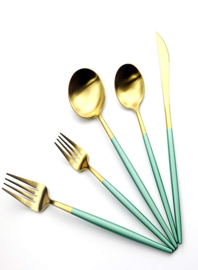 Gugrida Green Gold Flatware, Royal 5 Pieces Matte White Handle 18/10 Stainless Steel Tableware Sets for 1 Including Forks Spoons Knives, Camping Silverware Travel Utensils Set Cutlery (Green Gold) - Image 4