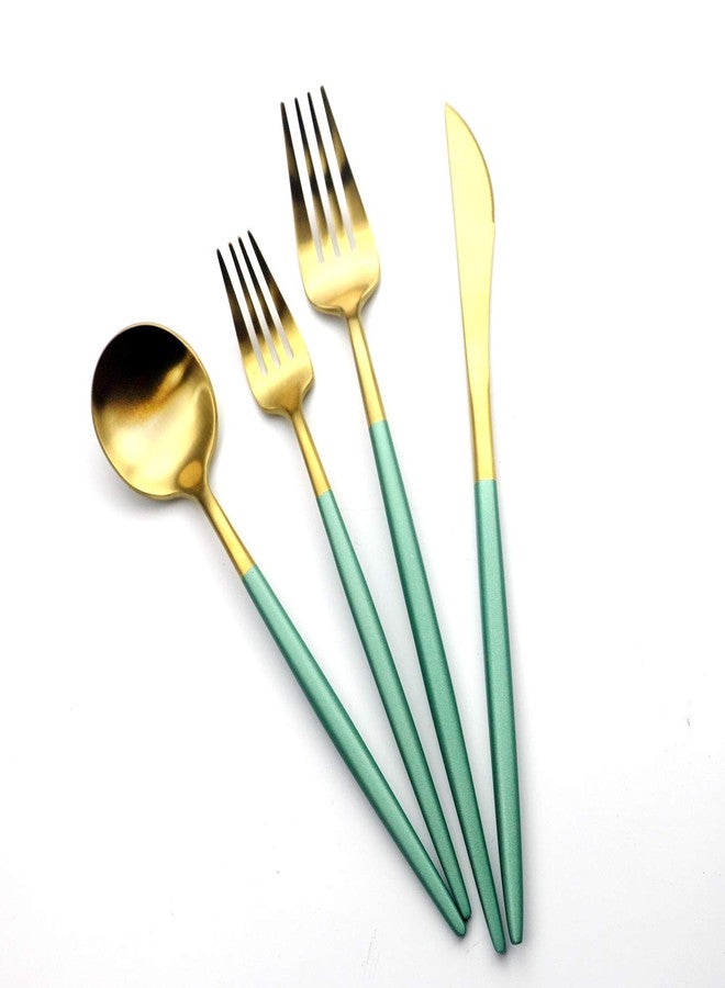 Gugrida Green Gold Flatware, Royal 5 Pieces Matte White Handle 18/10 Stainless Steel Tableware Sets for 1 Including Forks Spoons Knives, Camping Silverware Travel Utensils Set Cutlery (Green Gold) - Image 2