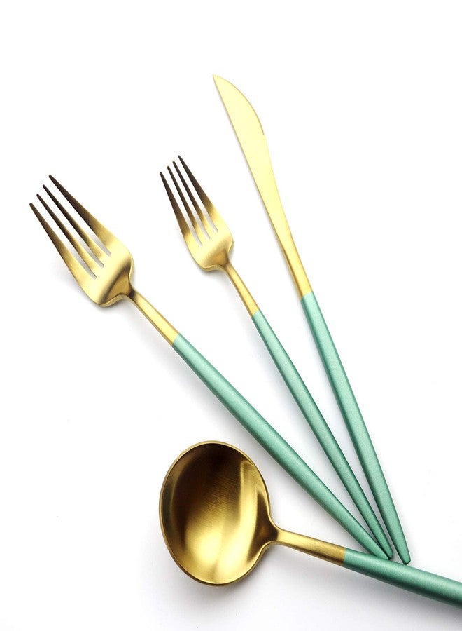 Gugrida Green Gold Flatware, Royal 5 Pieces Matte White Handle 18/10 Stainless Steel Tableware Sets for 1 Including Forks Spoons Knives, Camping Silverware Travel Utensils Set Cutlery (Green Gold) - Image 5