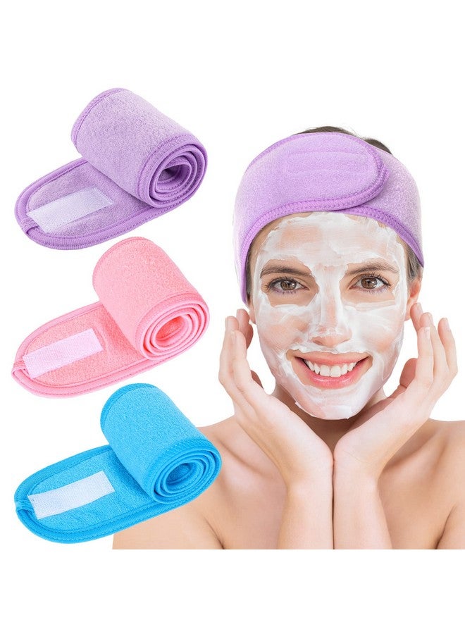 Whaline Spa Facial Headband Make Up Wrap Head Terry Cloth Headband Adjustable Towel Band For Face Washing Shower Facial Cover 3 Pieces (Purple Pink Blue) - Image 1