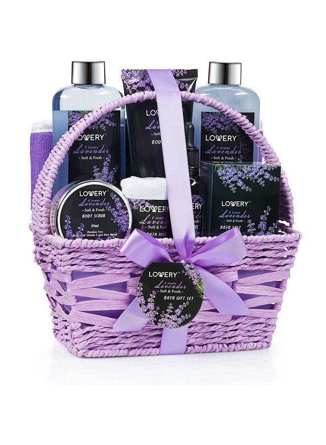LOVERY Valentines Day Gifts for Her, Spa Gift Basket, Luxury 9pc Bath & Body Set For Women & Men, Lavender & Jasmine Scent - Shower Gel, Bubble Bath, Lotion, Salts, Body Scrub, Massage Oil, Loofah & Basket - Image 1
