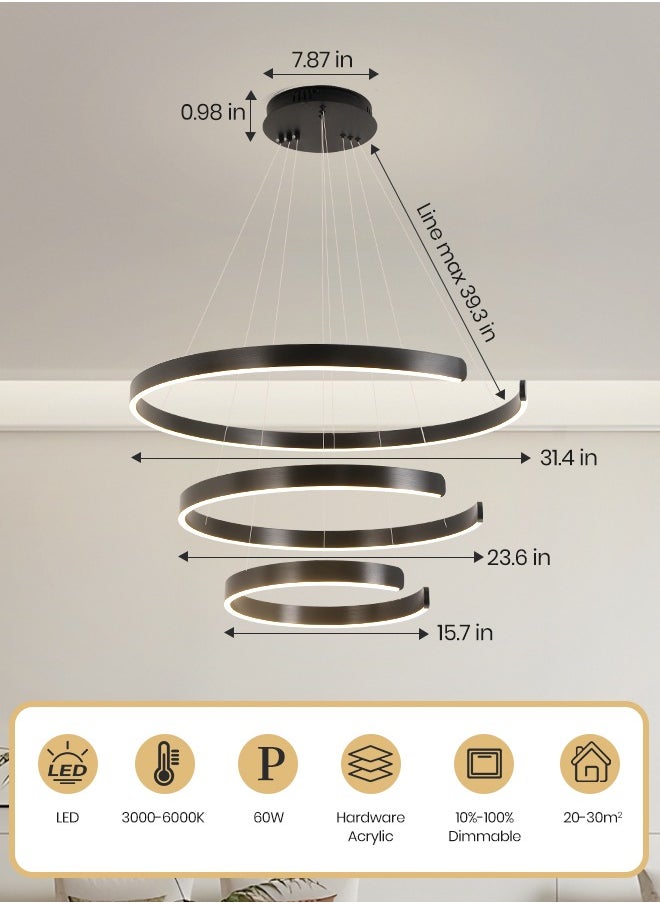 YATAI LIGHTING Modern LED Chandelier for Bedroom and Living Room - Remote control Black Round Ceiling Light Chandelier with Adjustable Height and Three-Color Dimming.60W  - Image 5