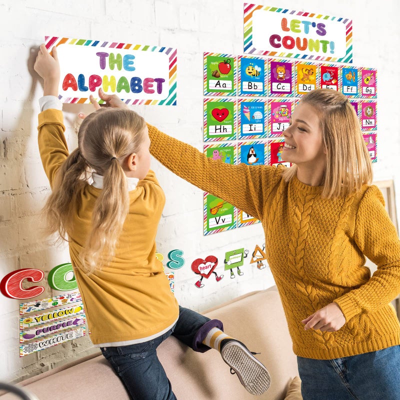 Junkin 96 Pcs Colors Shapes Bulletin Board Alphabet Number Posters Early Learning Cards Educational Preschool Bulletin Board Posters for Toddler Kindergarten Classroom Decoration(Vivid Style) - Image 5