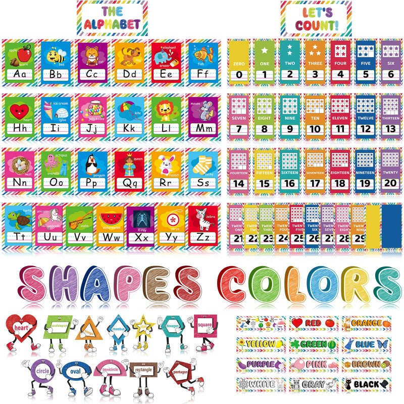 Junkin 96 Pcs Colors Shapes Bulletin Board Alphabet Number Posters Early Learning Cards Educational Preschool Bulletin Board Posters for Toddler Kindergarten Classroom Decoration(Vivid Style) - Image 1