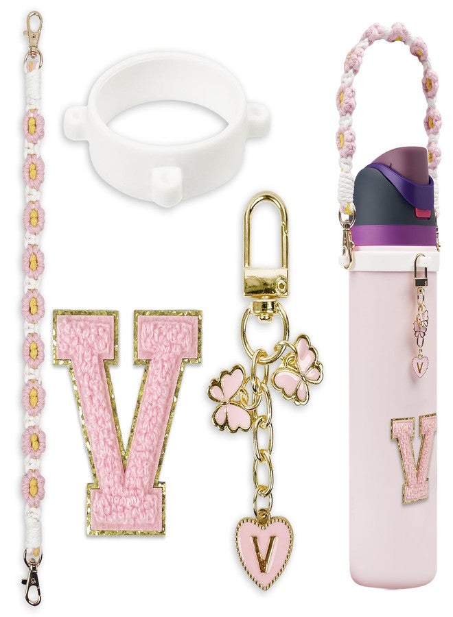 SITKOL Cute Letter Charm Set for Owala 24 oz, 32 oz, 40 oz Water Bottles & Coffee Tumblers - Includes Handle Strap, Compatible with Owala Free Sip and Stanley Cup Accessories (Pink, V) - Image 1