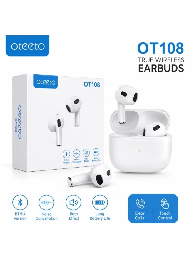 Oteeto OT108 True Wireless Bluetooth 5.4 Earbuds with Noise Cancellation & Built-In Microphone, White In-Ear Earphones with Clear Stereo Sound, Deep Bass, Comfortable Fit, Portable Charging Case for Music, Calls, Gaming, Travel & Everyday Use - Image 4