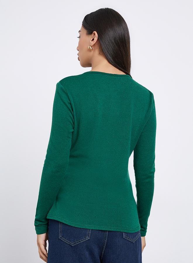 Styli Green Plain Long Sleeve Knitted Wrap Top - Image 4