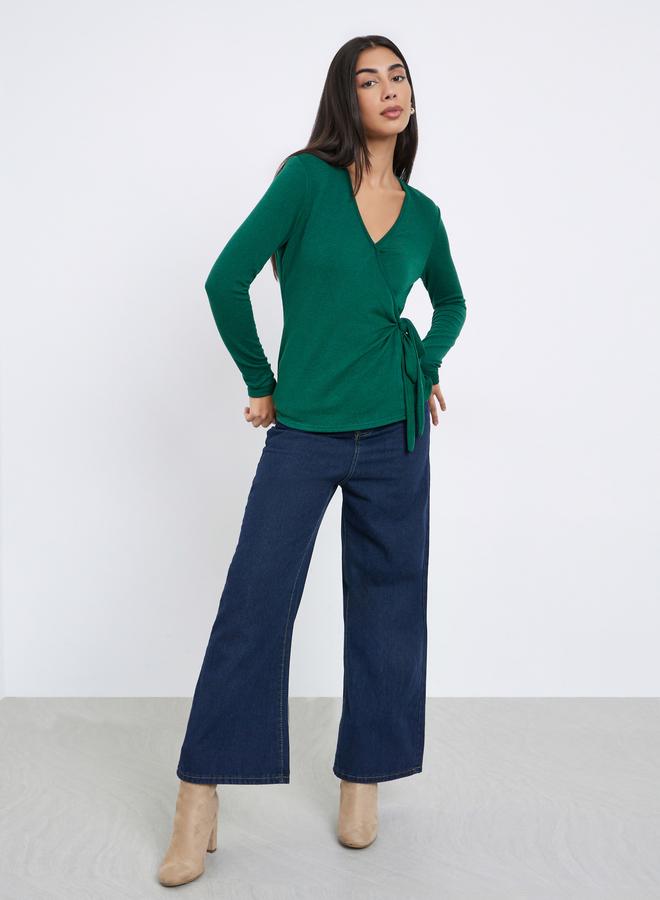 Styli Green Plain Long Sleeve Knitted Wrap Top - Image 2