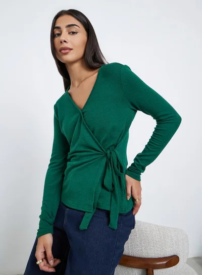 Styli Styli Green Plain Long Sleeve Knitted Wrap Top