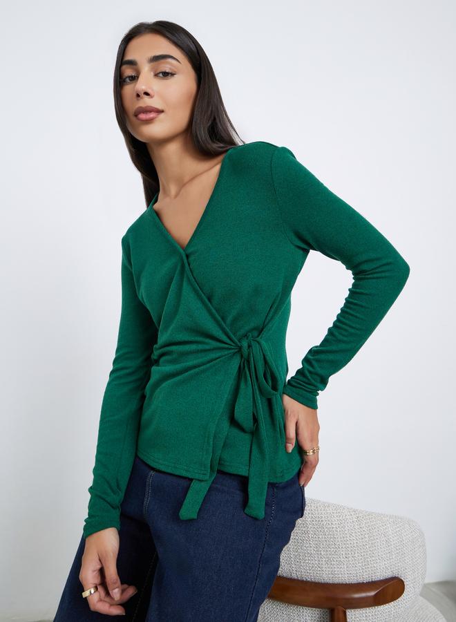 Styli Green Plain Long Sleeve Knitted Wrap Top - Image 1