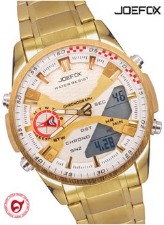JoeFox Men's Stainless Steel Sports Watch Outdoor LED Analog Stopwatch Digital Large Dual Display Waterproof Analog Quartz Watch for Men Gold White  - Image 1