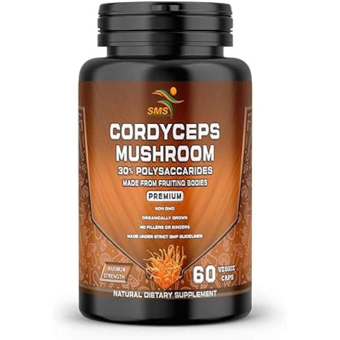 SMSHEALTHPRODUCTS.com Cordyceps Mushroom Pills - Dietary Supplement Extract with 30% 30% Polysaccharides for Energy & Immune Support Vegan Supplement, Non-GMO, 60 Capsules - Image 1