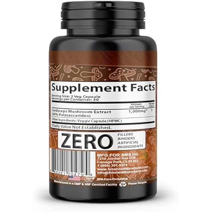 SMSHEALTHPRODUCTS.com Cordyceps Mushroom Pills - Dietary Supplement Extract with 30% 30% Polysaccharides for Energy & Immune Support Vegan Supplement, Non-GMO, 60 Capsules - Image 3