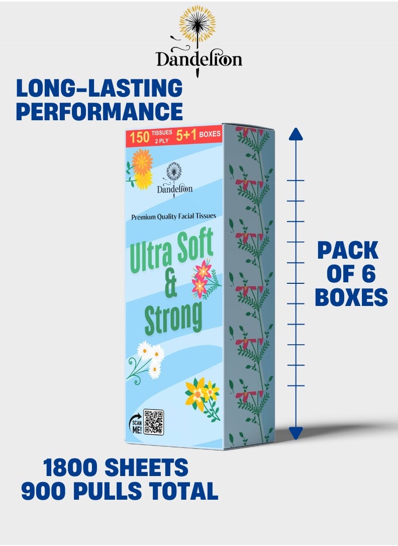 Dandelion - Dandelion Ultra-Soft Facial Tissues – Total 1800 Sheets, 150 Pulls x 2 Ply, 6 Boxes, White - Image 1