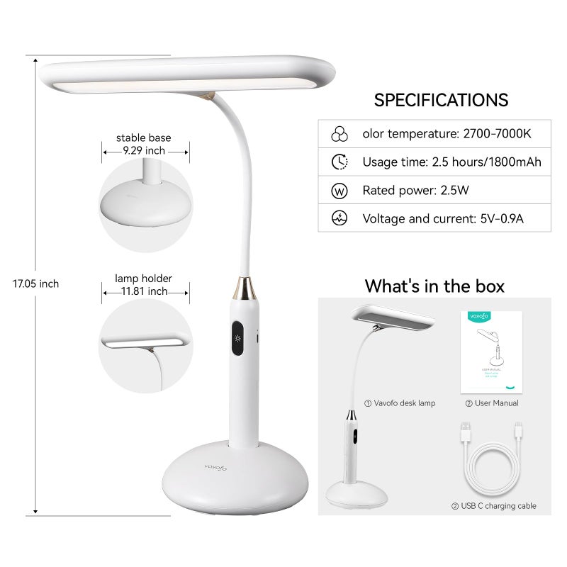 VAVOFO LED Desk Lamp 6778B - Touch Control, Adjustable 2700-7000K Color Temperature, 700 Lumens, 360Â° Flexible Gooseneck, USB-C Charging, 2.5hrs Cordless, Eye-Caring Light (White) - Image 5