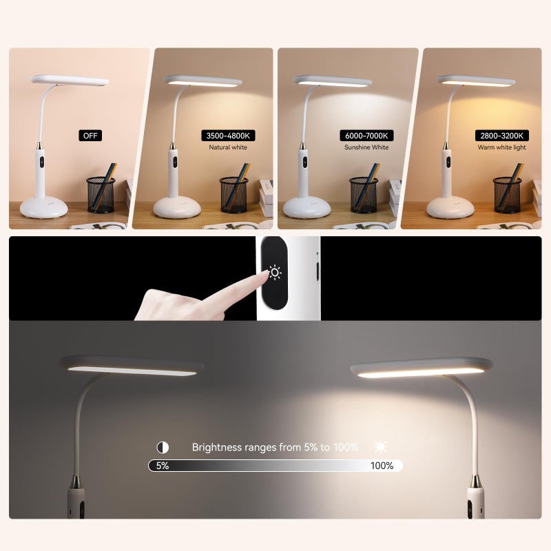 VAVOFO LED Desk Lamp 6778B - Touch Control, Adjustable 2700-7000K Color Temperature, 700 Lumens, 360Â° Flexible Gooseneck, USB-C Charging, 2.5hrs Cordless, Eye-Caring Light (White) - Image 2