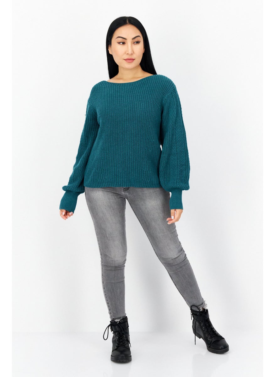 EDC Women Boat Neckline Crochet Long Sleeve Sweater, Teal Green  - Image 4