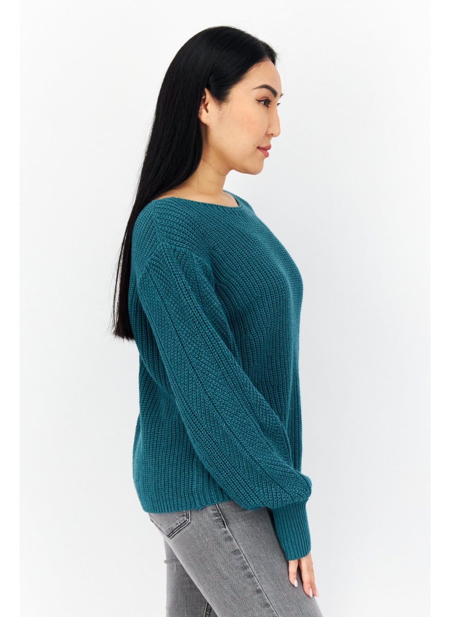 EDC Women Boat Neckline Crochet Long Sleeve Sweater, Teal Green  - Image 2