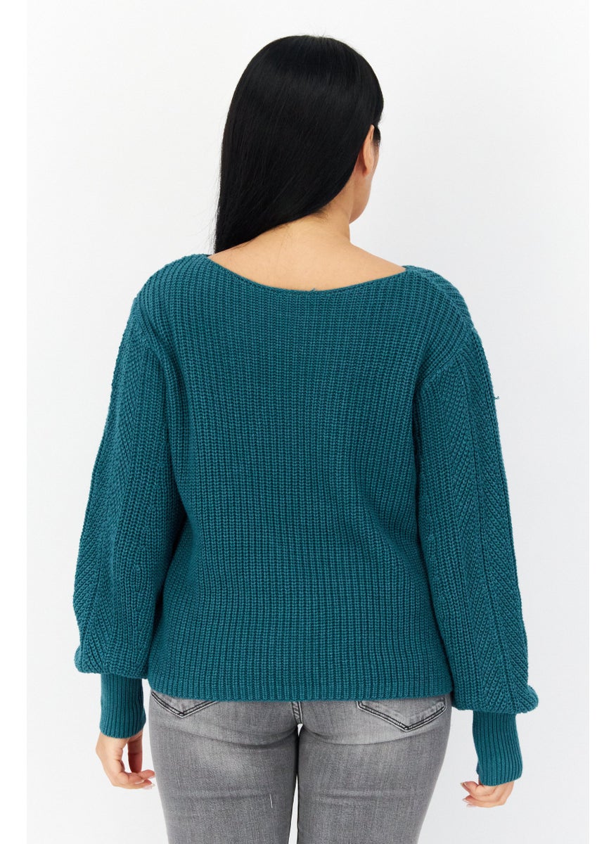 EDC Women Boat Neckline Crochet Long Sleeve Sweater, Teal Green  - Image 3