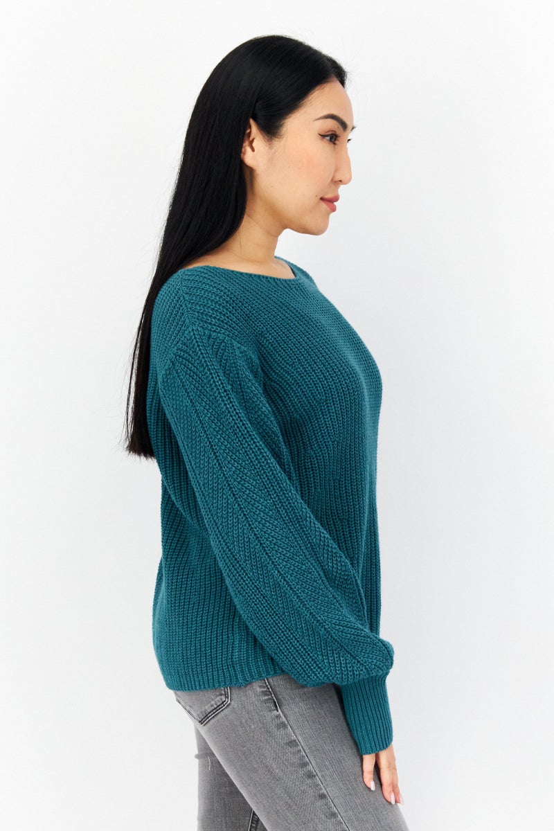 EDC Women Boat Neckline Crochet Long Sleeve Sweater, Teal Green - Image 2