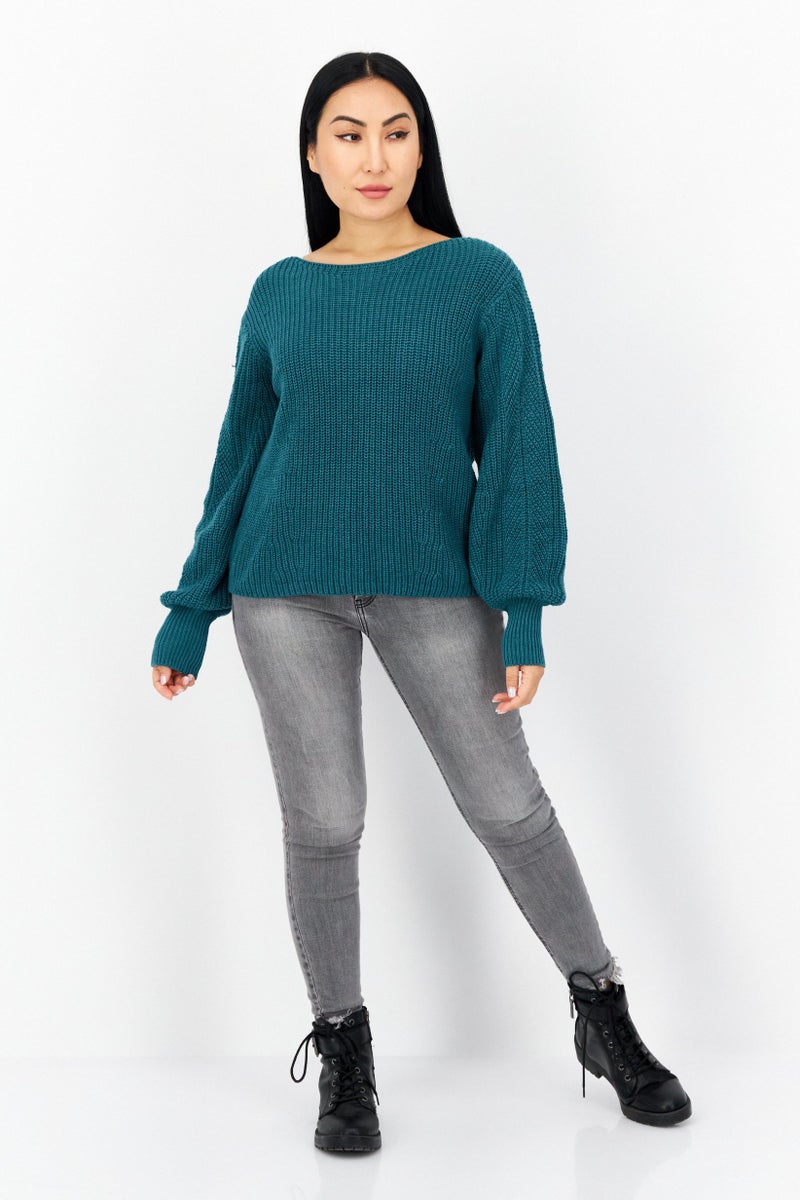 EDC Women Boat Neckline Crochet Long Sleeve Sweater, Teal Green - Image 4